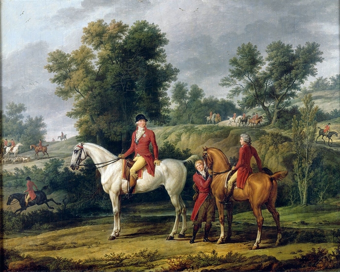 Le duc d'Orléans et son fils, le duc de Chartres, à un rendez-vous de chasse en 1787, dit aussi Le départ pour la chasse - 1788 - © Joconde - RMN - Ch
